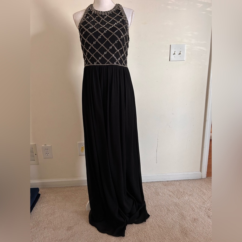 Adrianna Papell Sleeveless Popover Beaded long Dress black Size 10 EUC